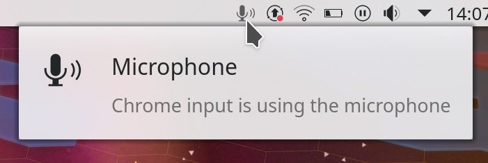 Microphone indicator tooltip, "Microphone: Chrome input is using the microphone"