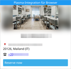 Itinerary browser popup showing detailed information about a restaurant, with "Reserve now" button
