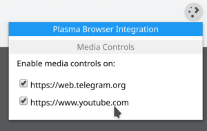 Plasma Browser Integration toolbar popup with list of domains on which media controls should be enabled