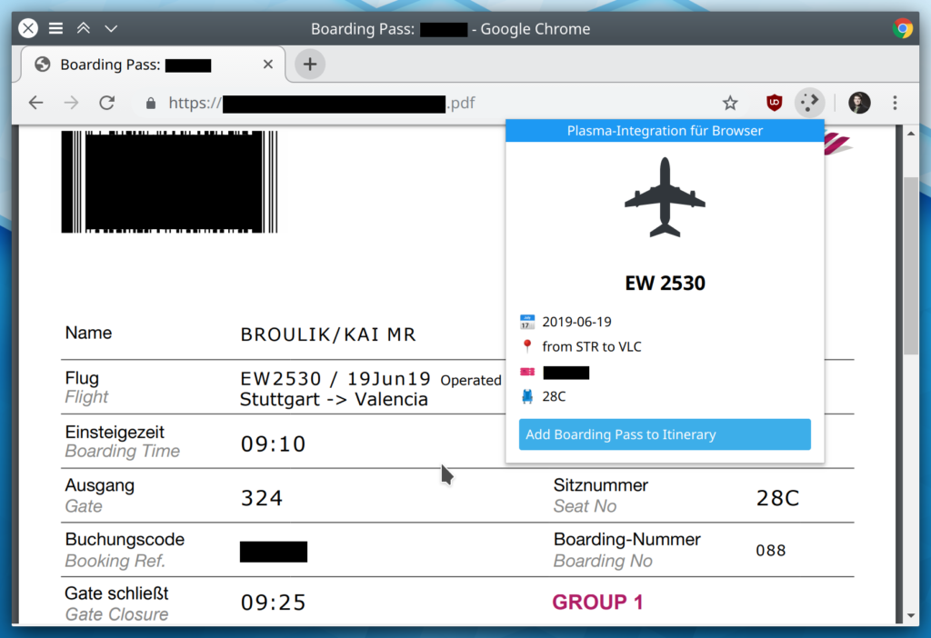 Viewing a boarding pass PDF in the browser