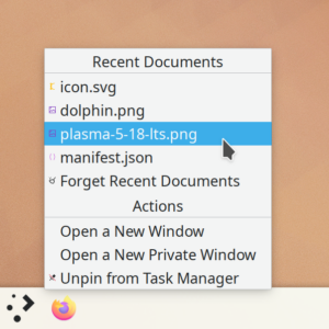 Task bar with context menu for the Firefox shortcut with a list of recent documents and "New private window" action