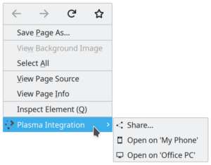 Browser website context men with actions such as back, forward, Save Page As, and the "Plasma Integration" context menu added by this extension with "Share", "Open on My Phone", and "Open on my PC", now with a share, phone, and PC icon, respectively