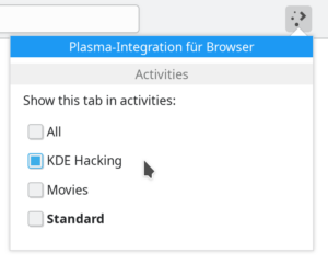 Plasma browser integration toolbar popup with a list of Activities: "All", "KDE Hacking" (checked), "Movies", "Standard" (bold)