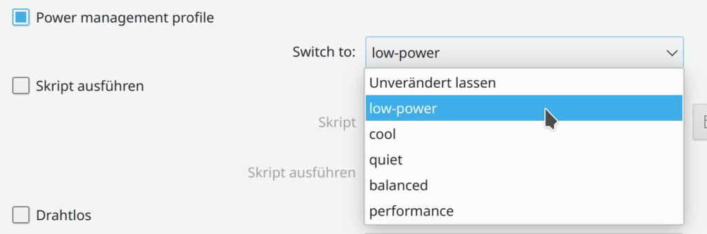 Power Management setting with a "Power management profile" drop down containing "keep unchanged", "low-power", "cool", "quiet", "balanced", "performance"