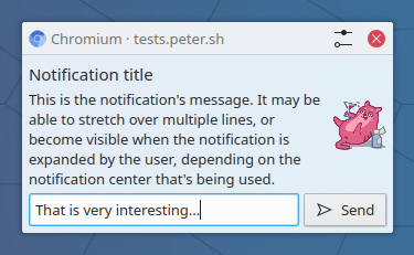 A Plasma notification popup from Chromium showing a dummy text and text field where a reply is being typed into