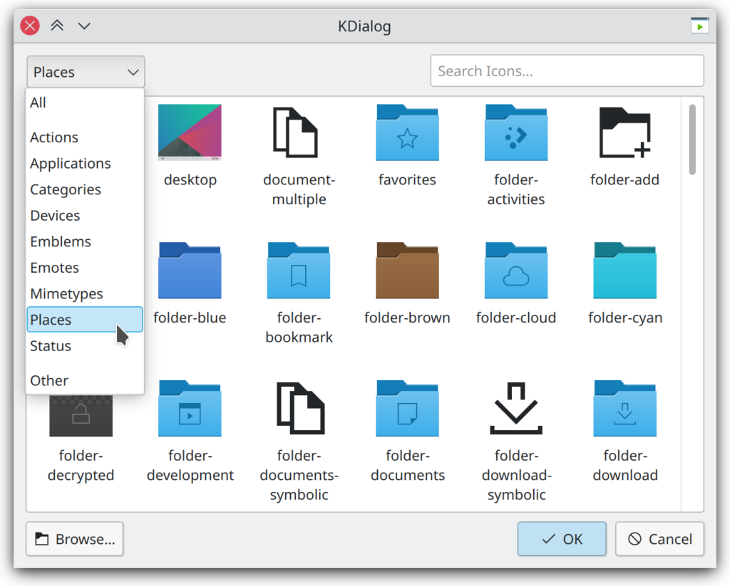Dialog window with a 6x3 icon grid and a context menu for icon category selection