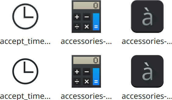 Two rows of icons, a clock, a calculator, a character selector. Top row is pixelated, bottom row is rendered crisply.