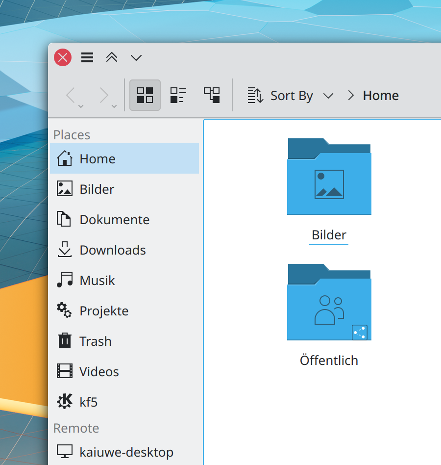 Dolphin's (file manager) main window with sidebar of places (Home, Pictures, Documents, Downloads, Music, etc)