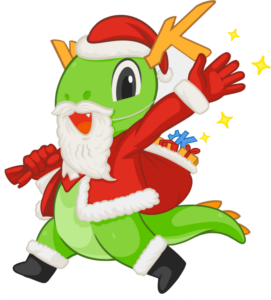 Konqi, KDE's mascot, a green cute dragon, dressed as Santa Claus with white long beard, red robe, and some KDE presents in his sack