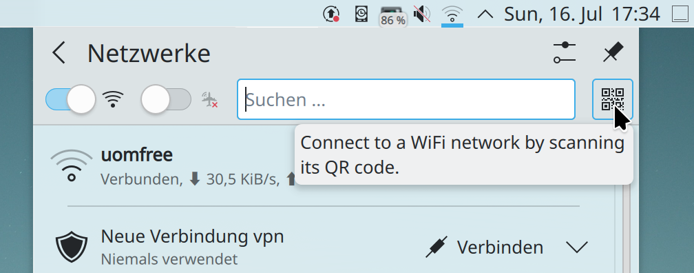 Plasma network applet, mouse hovering a QR code button with tooltip “Connect to a WiFi network by scanning its QR code”