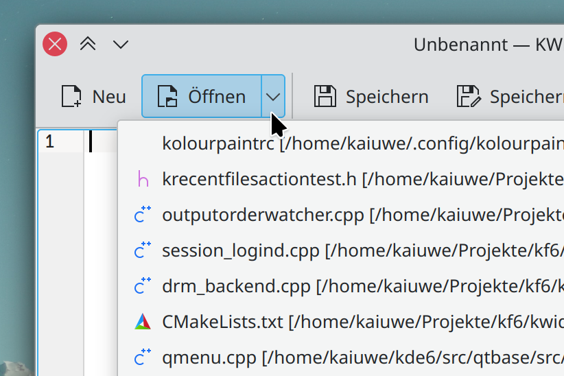 A KWrite text editor window, tool bar with a split “Open” button and a popup menu below it listing various recently opened files