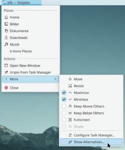 Plasma Task Manager context menu of a Dolphin window, listing various Places, and the “More” menu is open, with “Show Alternatives…” highlighted by the mouse cursor