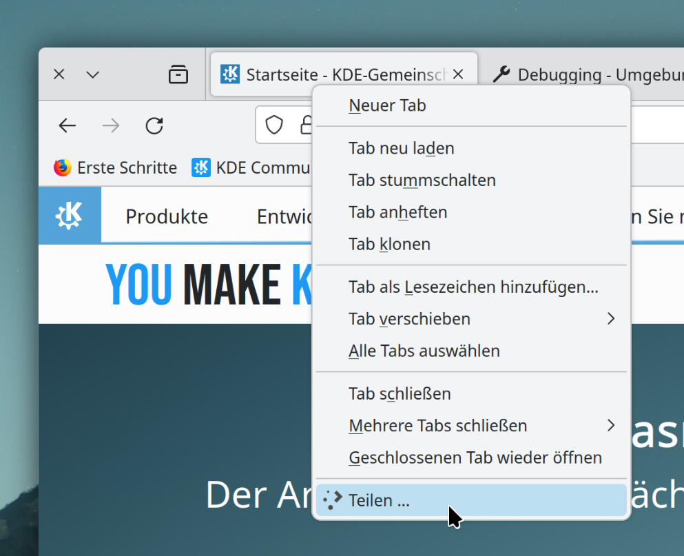 Firefox window showing the kde.org website, context menu emerging from its tab on the tab bar, last option on the menu is “Share…” highlighted by the mouse cursor