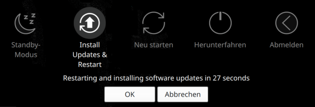 Plasma logout screen with various reboot options, OK, Cancel buttons, “Install Updates & Restart” option selected. Subtext reads “Restarting and installing software updates in 27 seconds”