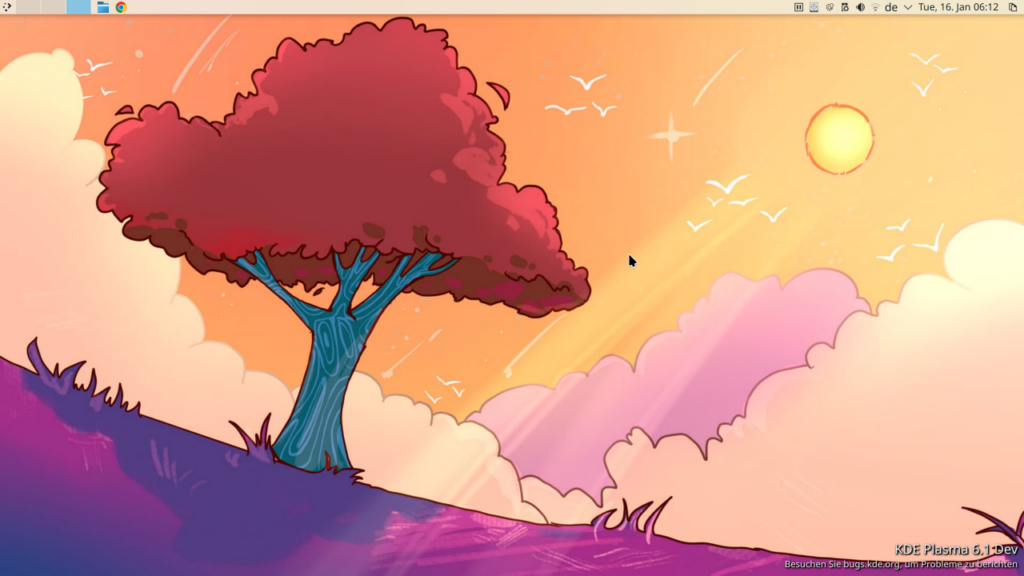 Plasma 6 desktop with custom panel at the top, bottom right corner reads “KDE Plasma 6.1 Dev, visit bugs.kde.or to report issues“. New wallpaper with orange/purple colors, sun, birds, clouds in background, and a tree at the edge of a sloped hill