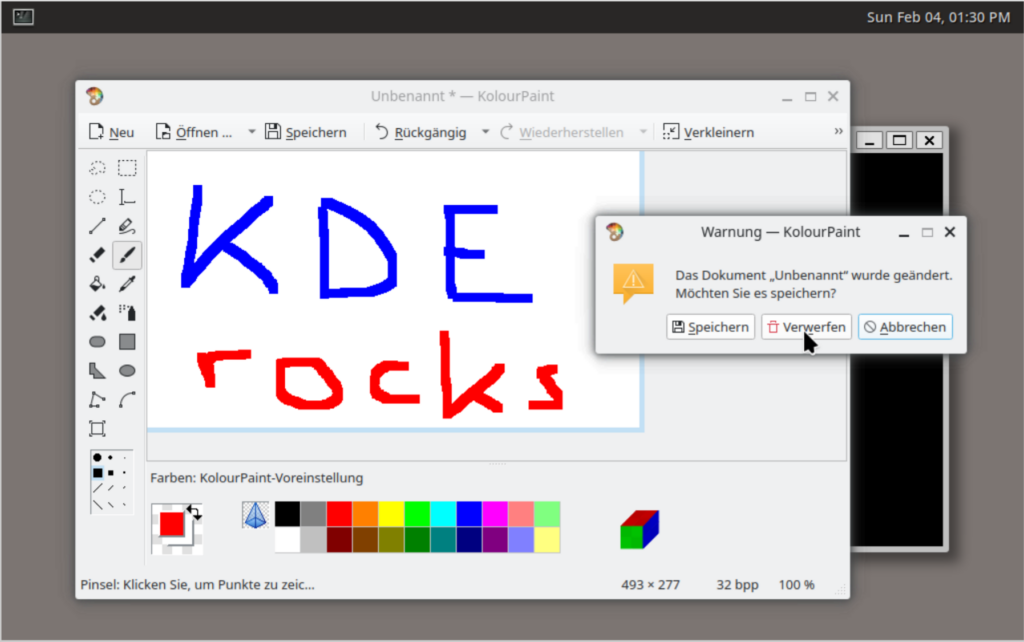 Kolourpaint, a painting application, with "KDE Rocks" painted on its canvas in crude handwriting, ontop a prompt whether to save unsaved changes.