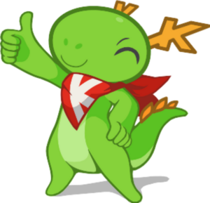 Konqi, a cute green dragon with a red K bandana, standing confident and giving a thumbs up