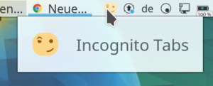 Plasma system tray with a smirking face icon and tooltip “Incognito Tabs”